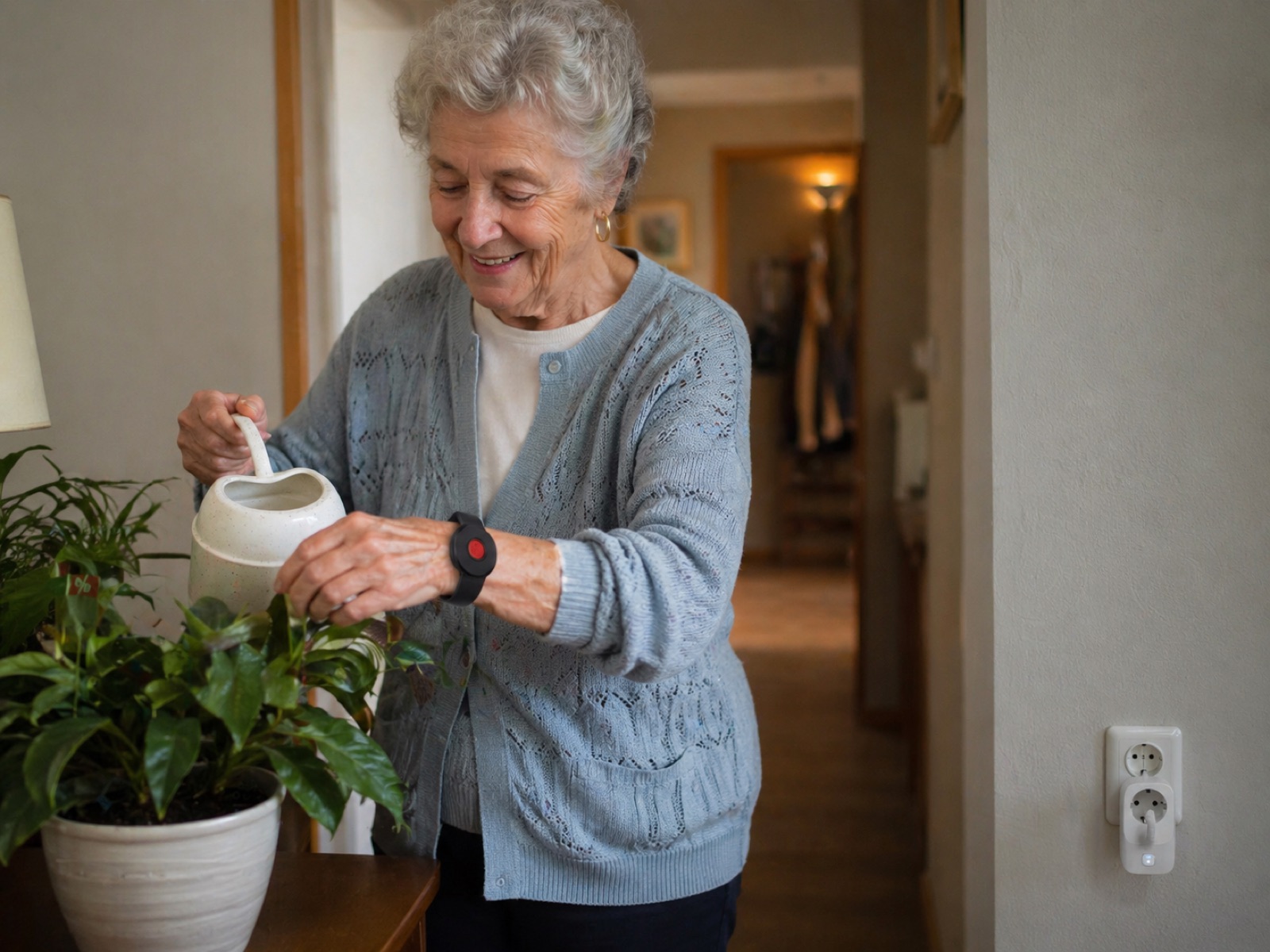 Older woman watering a plant in the hallway of her home, wearing the VitalKeep wristband