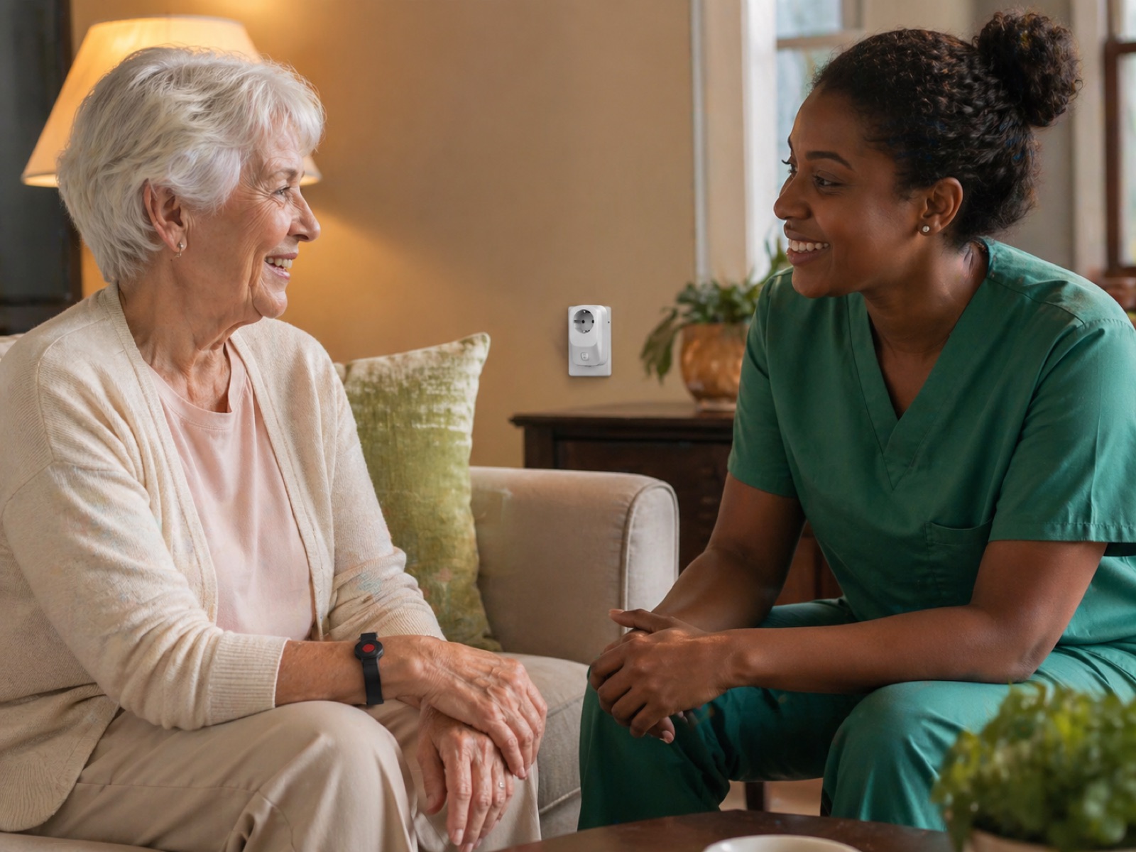 Professional caregiver in uniform talking warmly with an older woman; cosy nursing-home setting with a VitalKeep sensor plugged into the wall