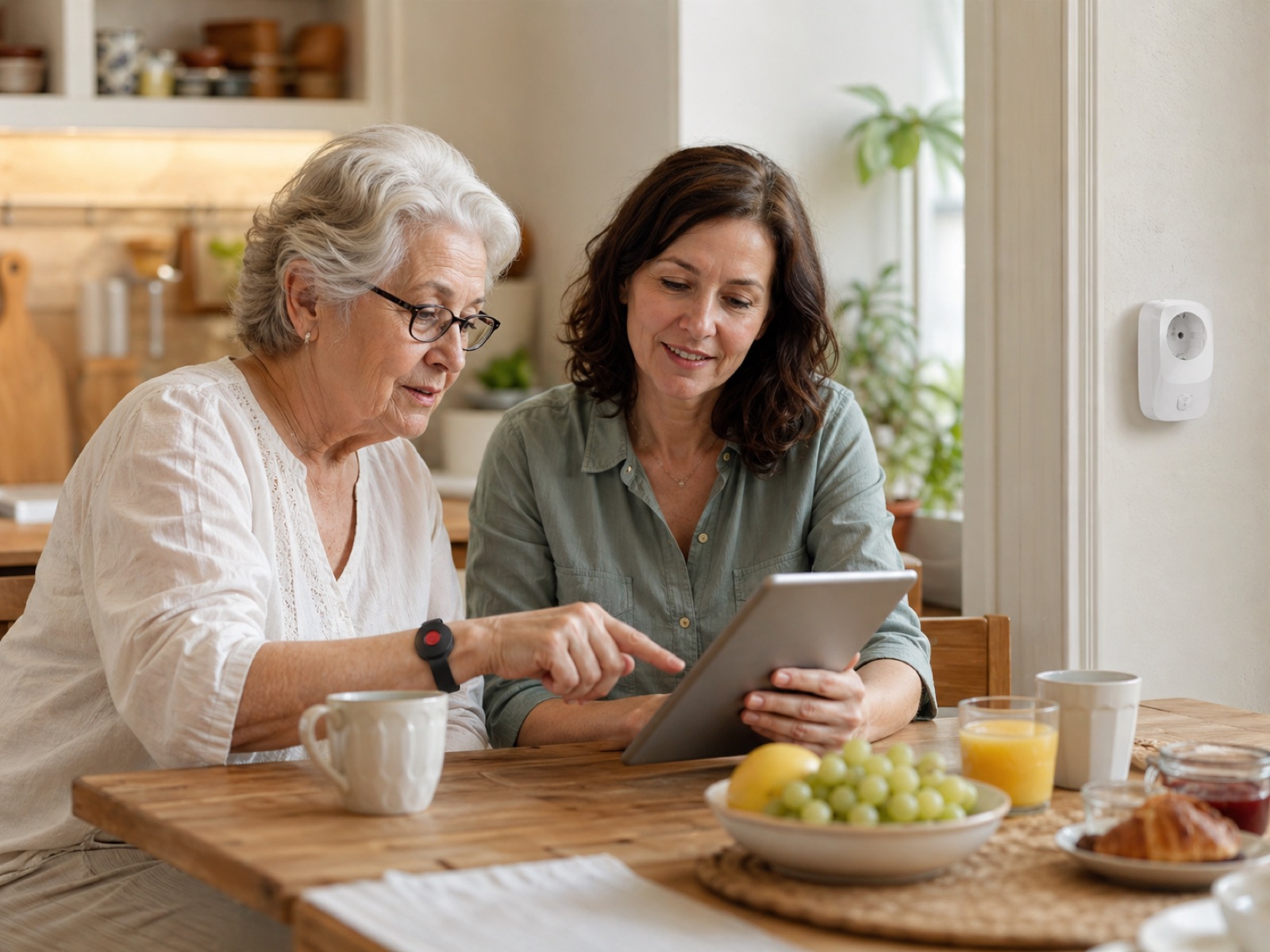 An older mother and her adult daughter checking the VitalKeep app together on a tablet, in a warm kitchen