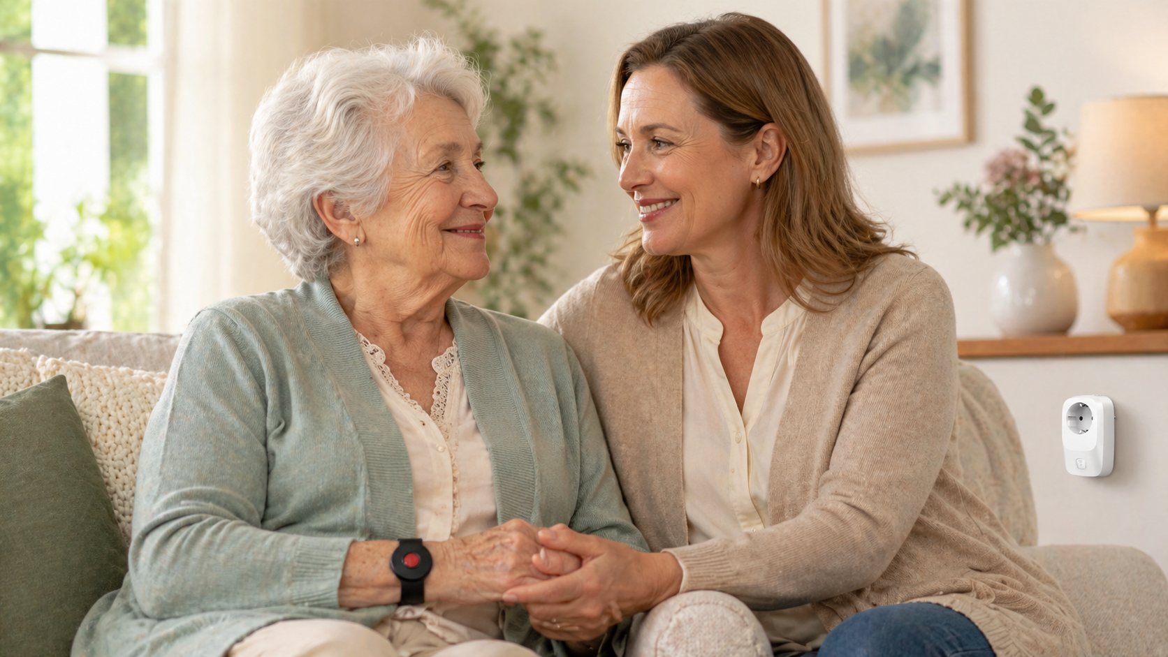 Older woman smiling next to her daughter on the sofa at home, wearing the VitalKeep wristband